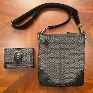 Authentic Coach crossbody bag in black and grey Signature Jacquard/ NWT wallet